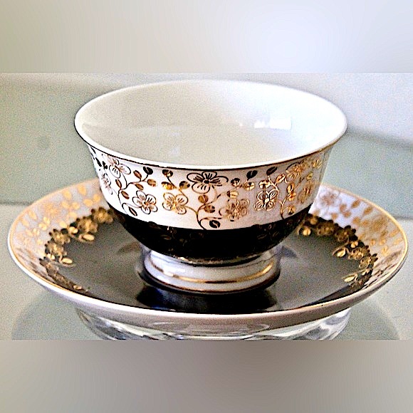 GRACES TEAWARE CUP SAUCER SET BLACK METALLIC GOLD FLORAL NEW PORCELAIN - Picture 7 of 11